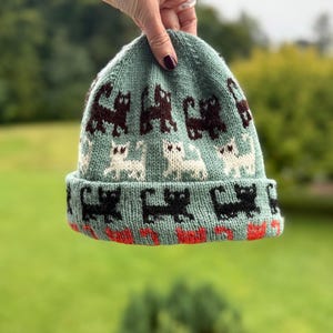 Puede incluir: Gorro de punto en tonos turquesa con un patrón repetido de siluetas de gatos en marrón, blanco y negro. El borde tiene un diseño rojo y negro. El gorro se sostiene sobre un fondo verde borroso. Accesorio de invierno.