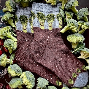 May include: A pair of knitted socks with a broccoli design. The socks are primarily brown with a speckled texture, a light blue cuff, and a broccoli pattern in green and yellow. Fresh broccoli florets surround the socks.