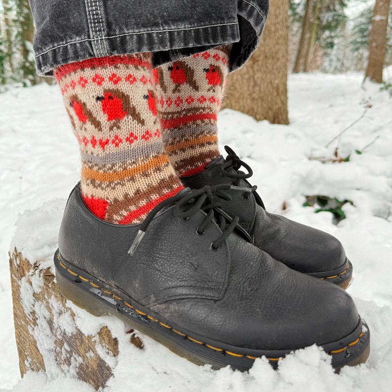 May include: Black leather lace-up shoes with a thick sole, worn with red and brown patterned socks featuring a robin design.