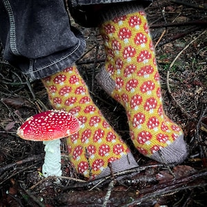 May include: Yellow socks with a red and white mushroom pattern. The socks have gray heels and toes. A red and white mushroom is in the foreground. The socks are worn with dark denim jeans.
