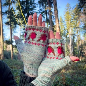 Könnte beinhalten: Gestrickte Fingerhandschuhe in Blau, Grün und Rosa. Die Handschuhe haben ein Muster aus roten Vögeln und Rauten. Die Bündchen und Kanten sind gerippt. Geeignet für kaltes Wetter.