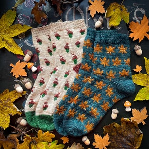 Può includere: Due paia di calzini a maglia, un paio è crema con disegni di ghiande marroni e l'altro paio è verde acqua con disegni di foglie d'acero arancioni.