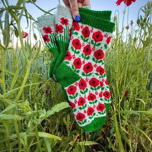 Op de afbeelding: Een paar gebreide sokken met een herhalend patroon van rode klaprozen met zwarte harten op een witte achtergrond, afgewerkt met effen groene geribbelde boorden, hielen en tenen. Het ontwerp bevat groene stengels en bladeren aan de basis.