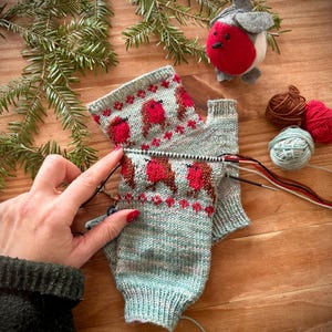 DIGITALT ARTIKEL - Stickinstruktioner för Festive Robins Mitts. PDF endast på engelska och tyska.