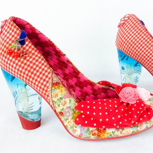 Irregular Choice | Chunky heel | Round toe | Pump | Bunny | vegan |  red plaid pin up cherry flowers colored sole women's shoes bow vanguard