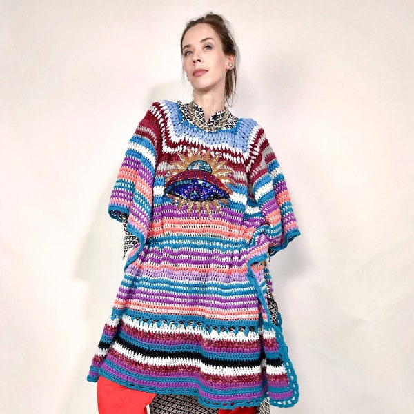 Knitted poncho with a sequin UFO patch - re-worked handmade vintage! One of a kind colourful warm festival oversize poncho-dress XXXL