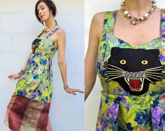 BAGERA urban jungle dress with embroidered black panther, up-cycled one of a kind eclectic, streetwear, eccentric Italian fashion style L/XL
