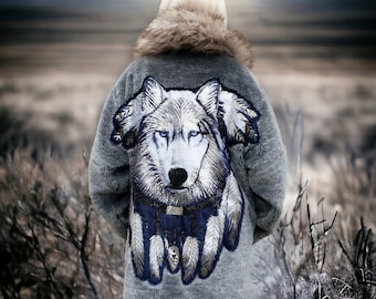 Vegan Upcycled Fur Wolf Silver-Gray Designer Coat Dreamcatcher Eco Fashion Statement Piece