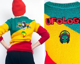 Rasta Reggae jumper hand knitted Sweater with Hand-Sewn patches, reggae wear, Upcycling, Size S/M women's sweater rootswear festival UFOLOGY