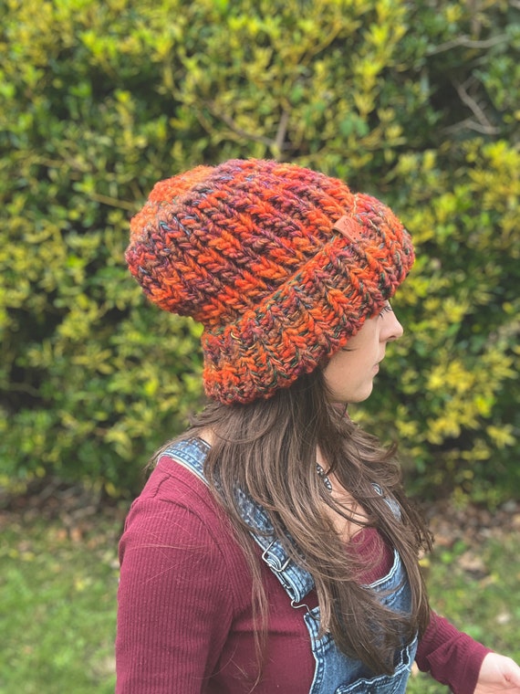 Chunky Slouchy Grey Burnt Orange Beanie 