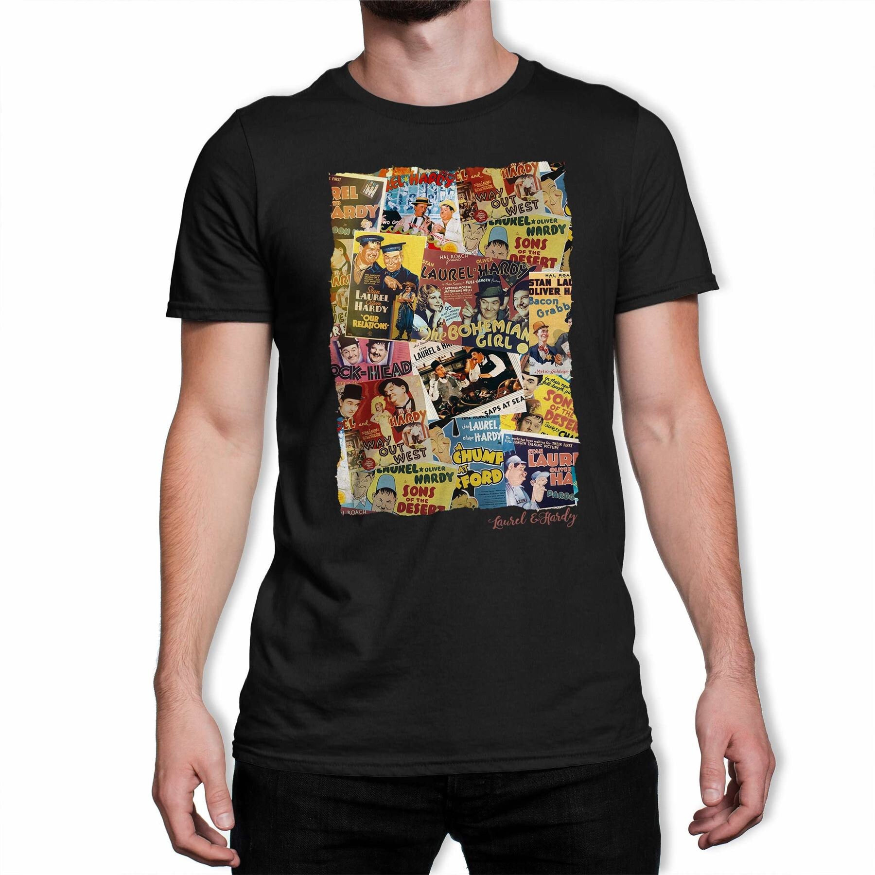 Image of Laurel & Hardy Poster Montage Square Men's Black T-Shirt