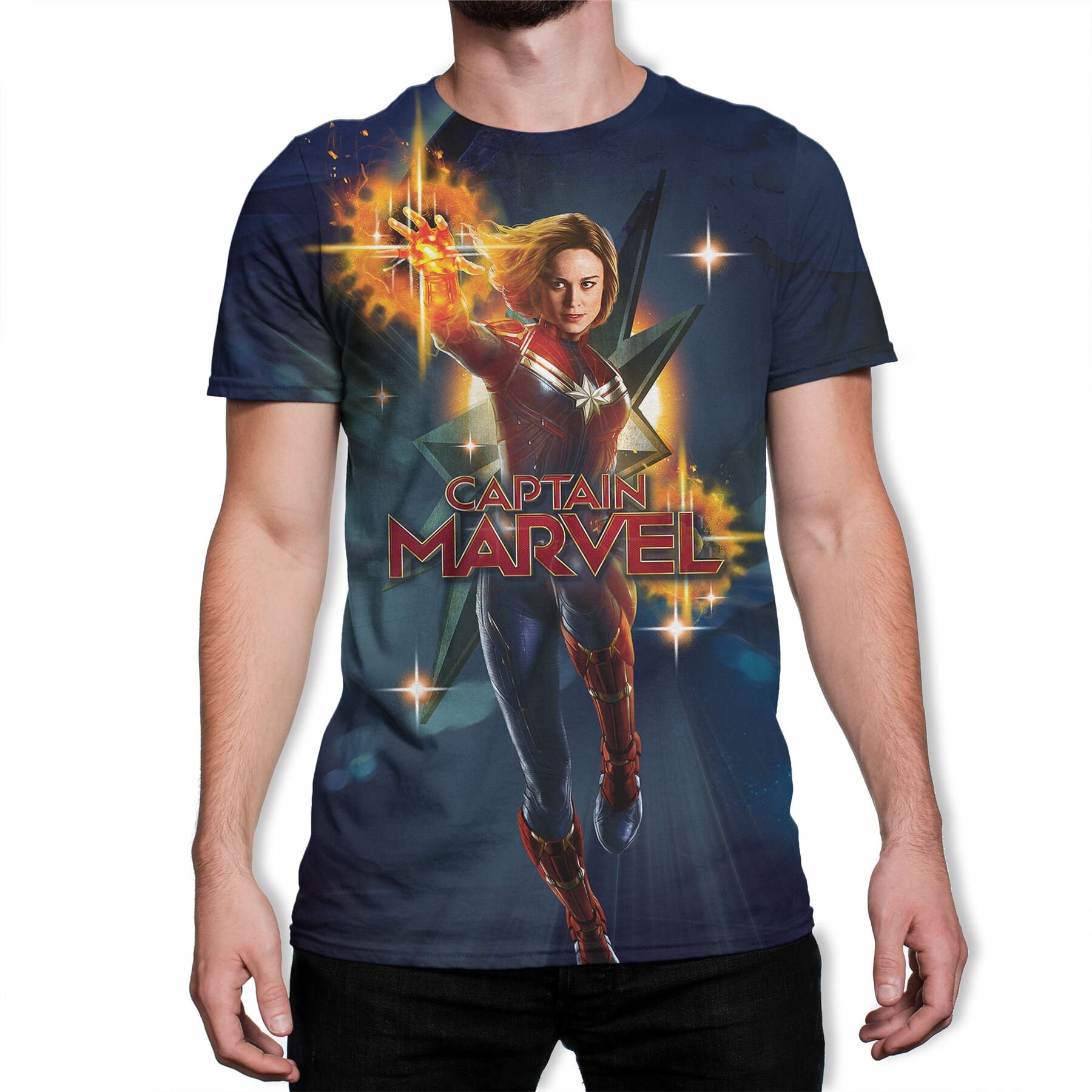 Image of Captain Marvel Walking Galactic Shine Men's Navy T-Shirt
