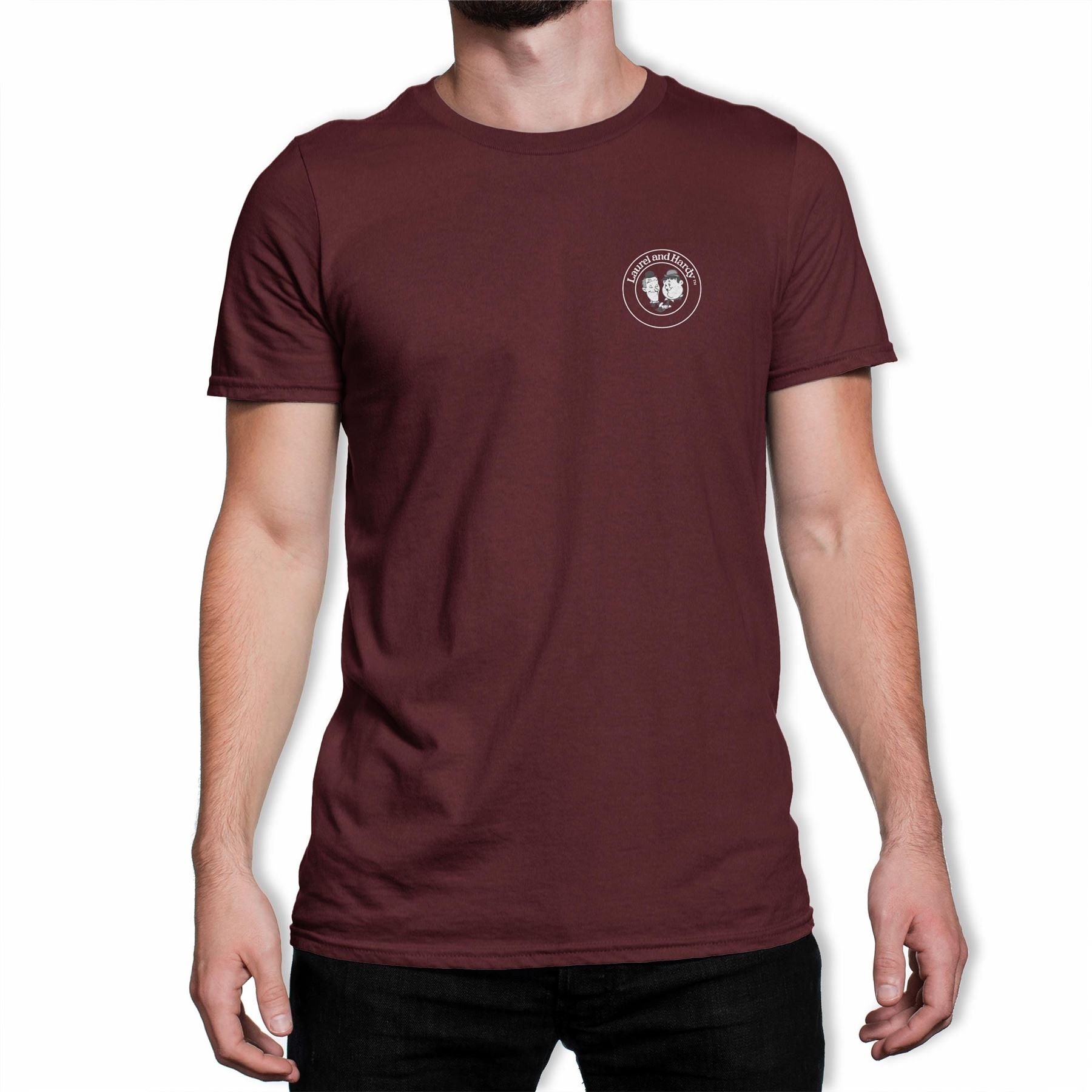 Image of Laurel & Hardy Classic Stamp Men's Maroon T-Shirt