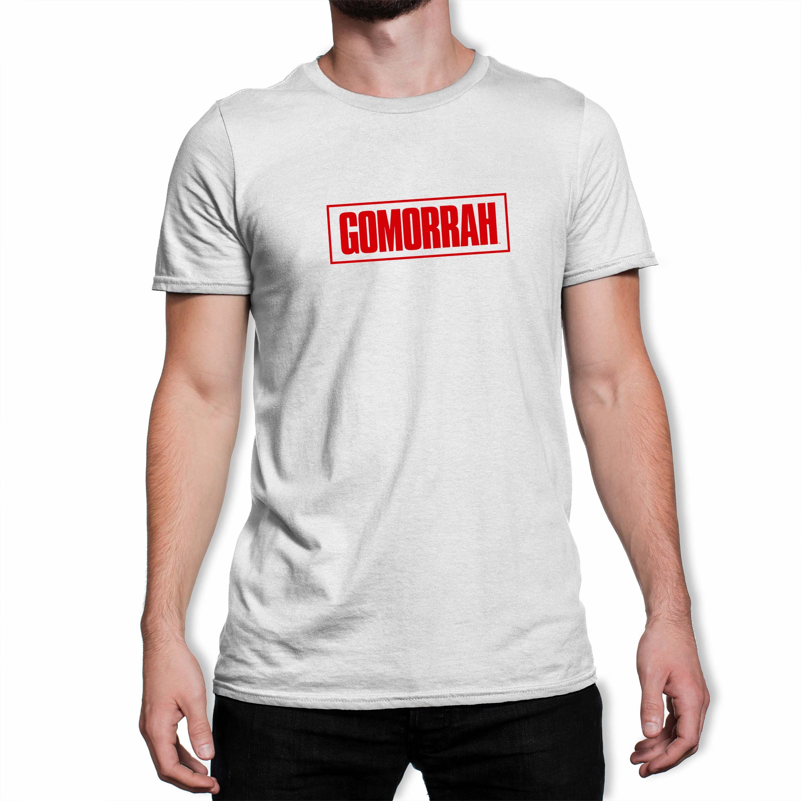 Image of Gomorrah Classic Red Boxed Logo Men's White T-Shirt