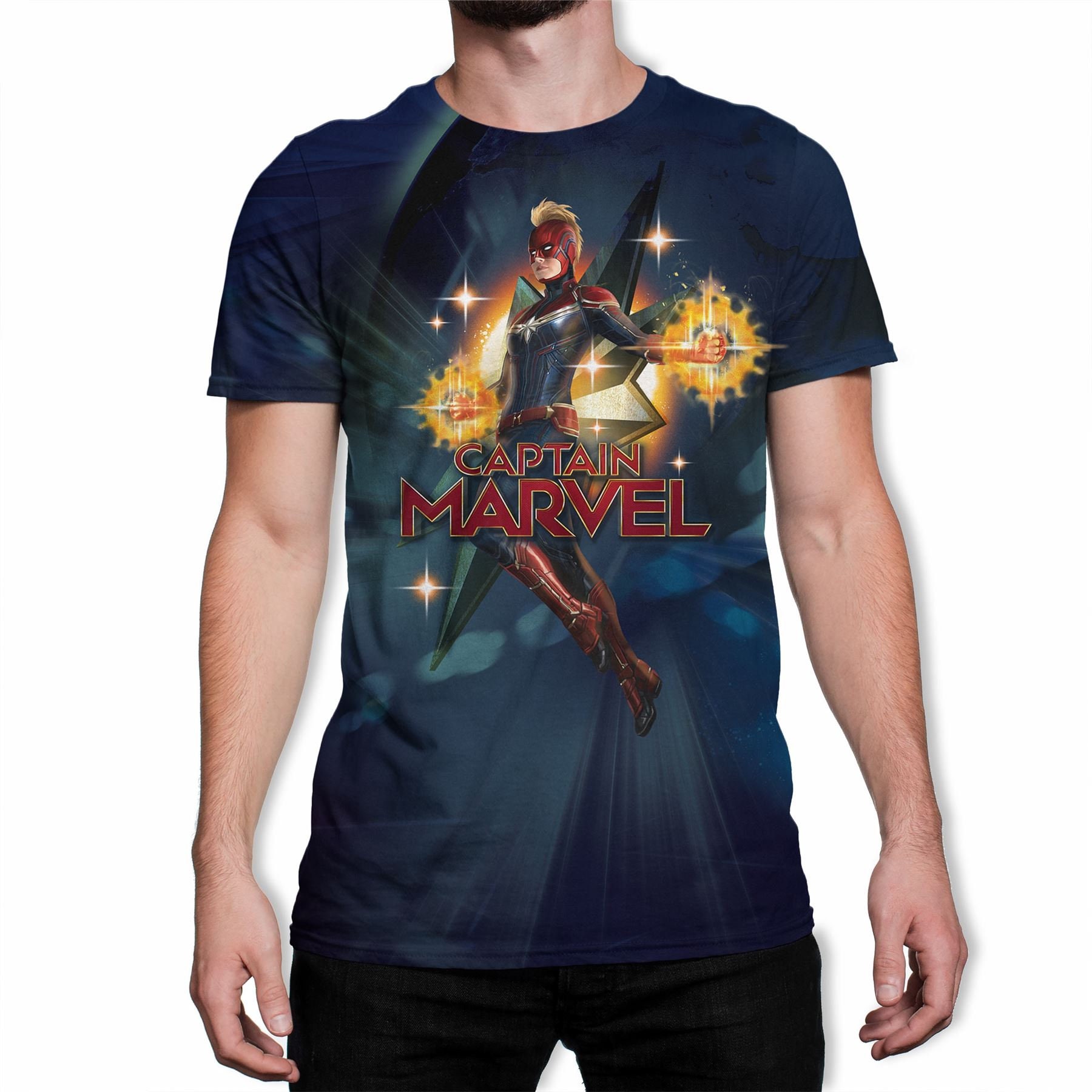 Image of Captain Marvel Flying Galactic Shine Men's Navy T-Shirt