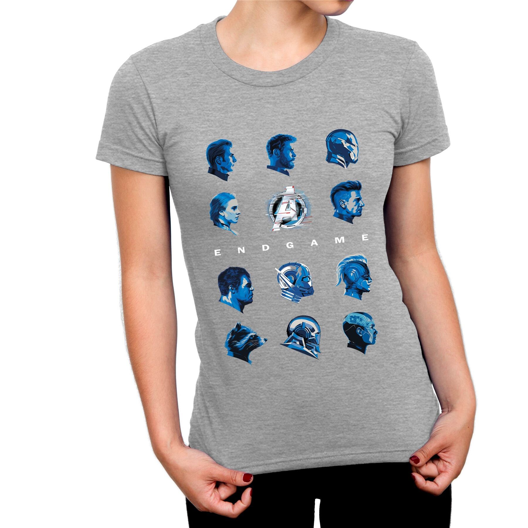 Image of Avengers Endgame Character Heads Ladies Grey T-Shirt