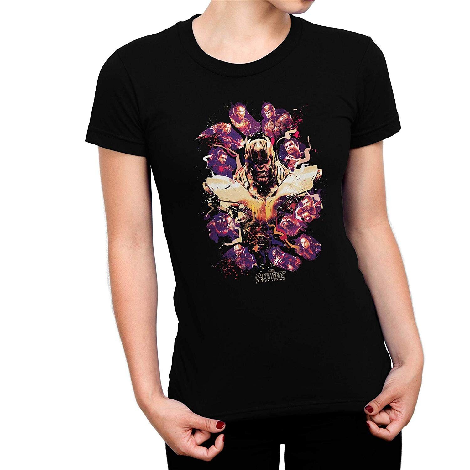 Image of Avengers End Game Thanos Splatter Ladies Black T-Shirt
