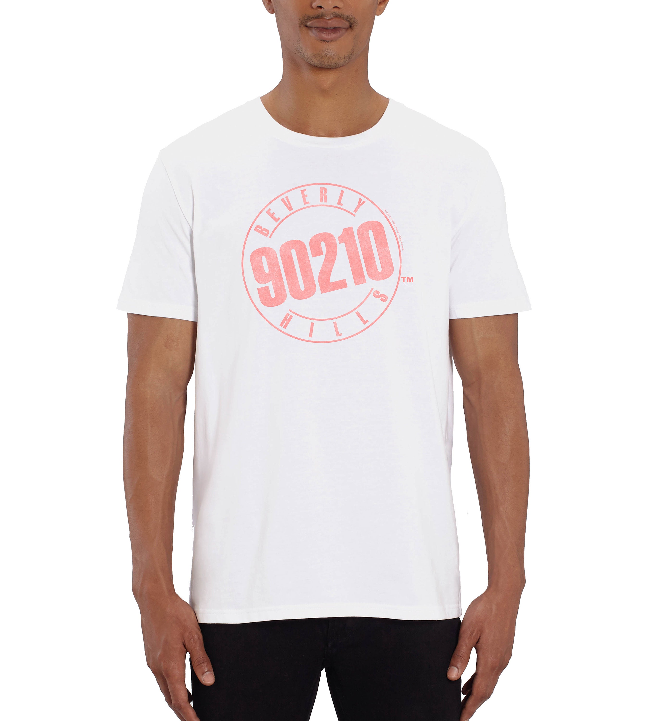Image of Beverly Hills 90210 Pink Logo Stamp Print Men's White T-Shirt