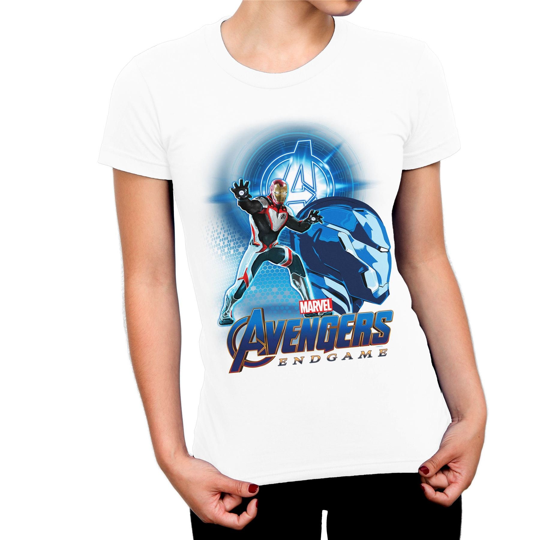 Image of Avengers Endgame Iron Man Suit & Logo Ladies T-Shirt