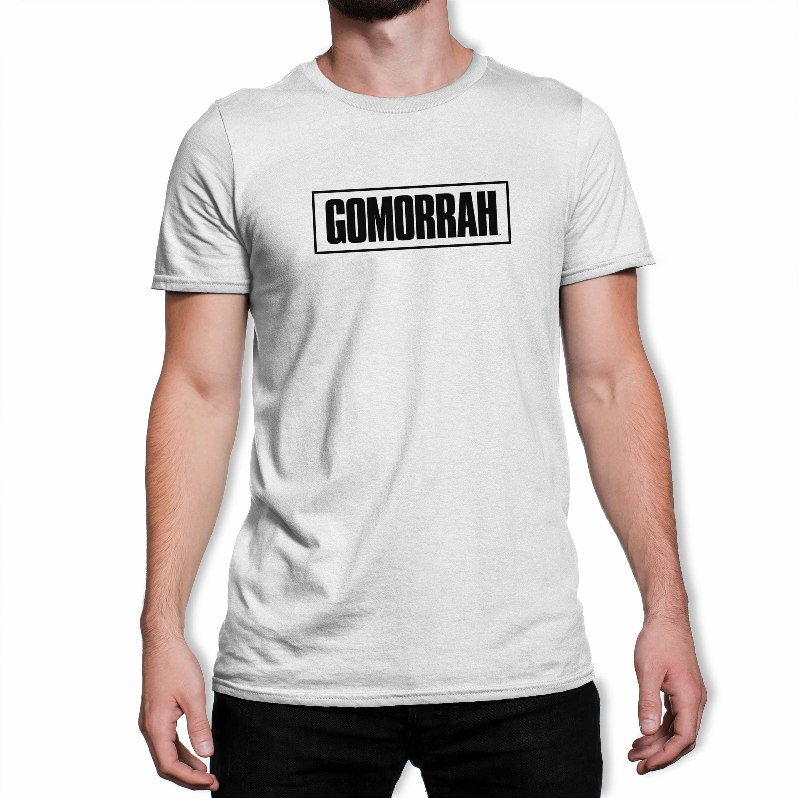 Image of Gomorrah Classic Black Boxed Logo Men's White T-Shirt