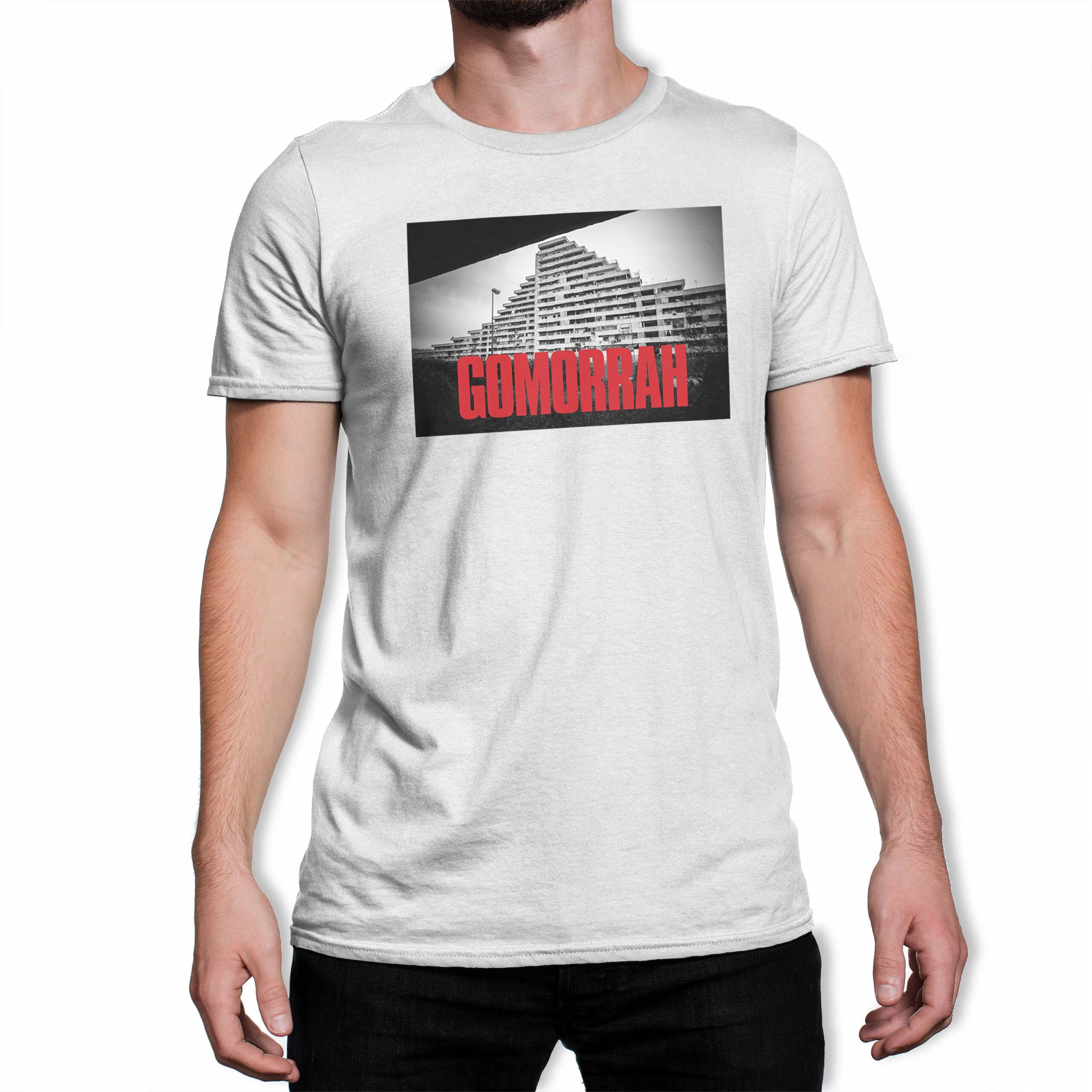 Image of Gomorrah Building & Logo Box Art Men's White T-Shirt