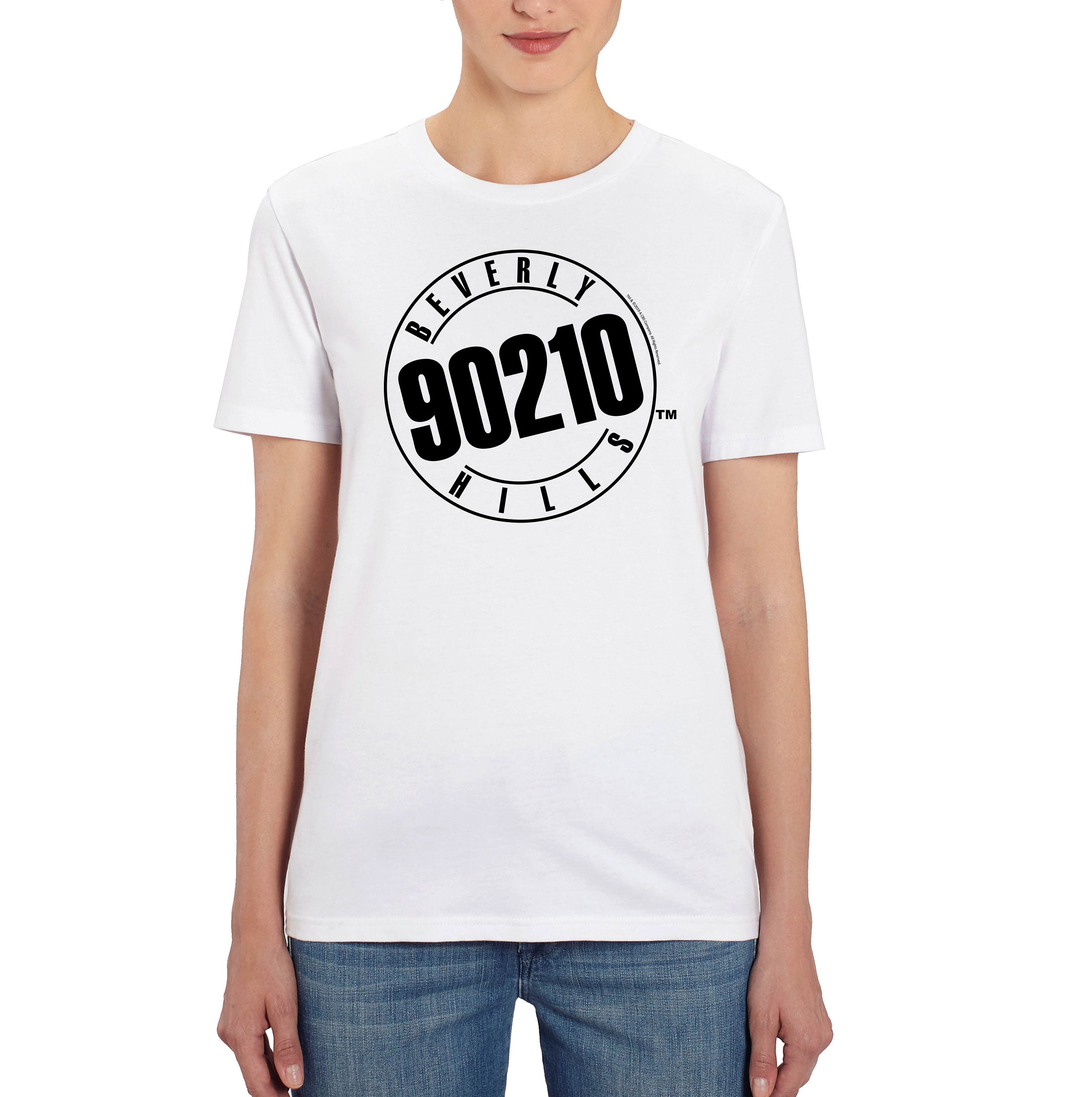 Image of Beverly Hills  Black Logo Stamp Chest Print Ladies White T-Shirt