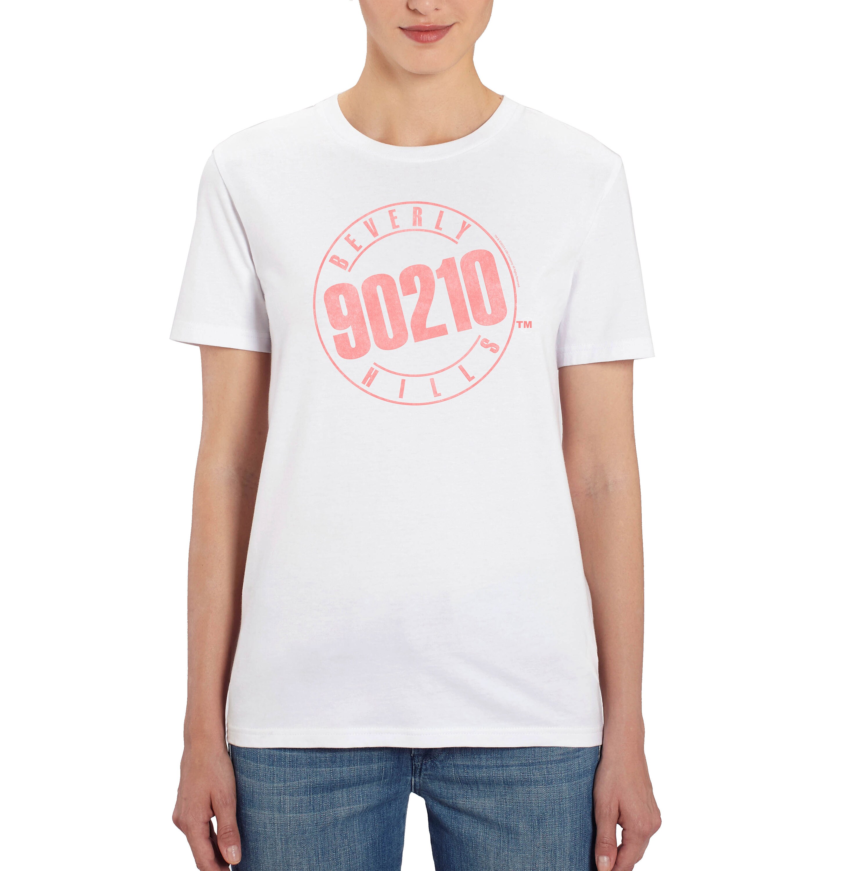 Image of Beverly Hills  Pink Logo Stamp Print Ladies White T-Shirt