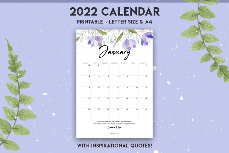 2022 Calendar Printable With Inspirational Quotes Pretty Etsy
