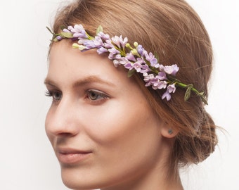 Purple Lilac Floral Crown - Boho Wedding Hair Wreath, Bridal Flower Girl Headband