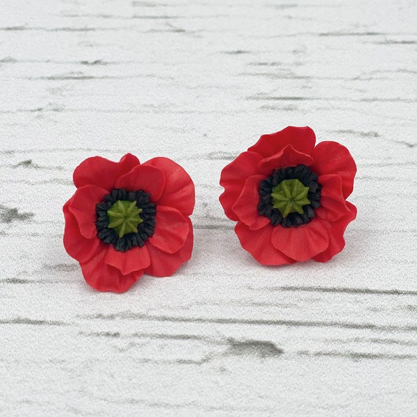 Bright red poppy earrings floral flower earrings studs