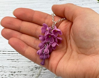 Purple lilac flower pendant, floral charm necklace for women