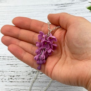 Purple lilac flower pendant, floral charm necklace for women