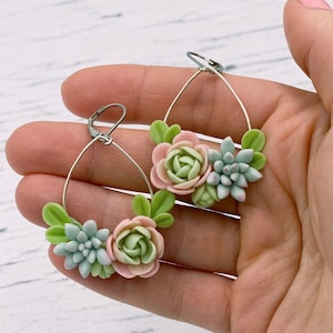 Mint green succulent earrings, flower dangle earrings image 1