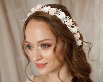 Pink rose flower crown wedding hair piece, bridal floral crown, flower girl headpiece