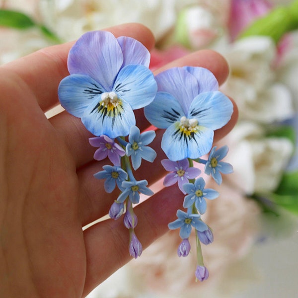 Pansy Flower Earrings - Nature Floral Jewelry, Summer Botanical Pansy Jewelry, Blue Colorful Earrings
