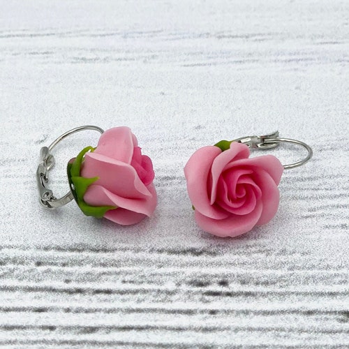 Pink Rose Flower Earrings Cute Floral Earrings Etsy
