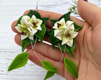 Long white lily dangle earrings, drop flower tropical earrings