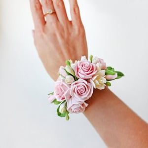 Pink Rose Prom Wrist Corsage - Rustic Wedding Flower Bracelet, Beach Bridal Accessories