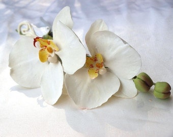White Orchid Hair Clip - Floral Barrette For Women, Tropical Hair Flower, Wedding Bridal Hair Piece