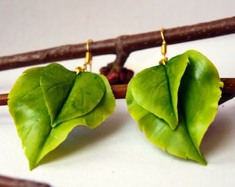 Green Leaf Earrings - Nature Flower Jewelry, Botanical Statement Earrings, Gift Ideas For Her