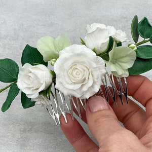 White rose floral hair comb wedding hairpiece, bridal hair clip flower greenery piece