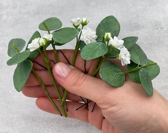 Alfileres de pelo de novia de eucalipto, vegetación de boda bebés aliento pieza de gypsophila