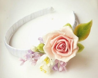 Pink Rose Floral Headband - Flower Girl Crown, Boho Bridal Hair Accessories