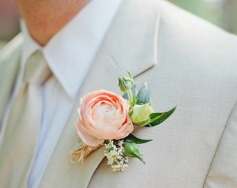 peach peony boutonniere,groom accessories