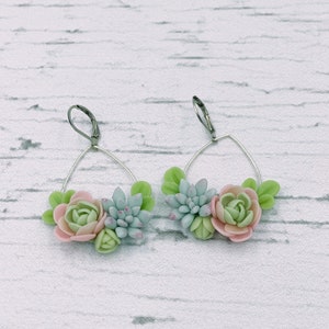 Mint green succulent earrings, flower dangle earrings image 5