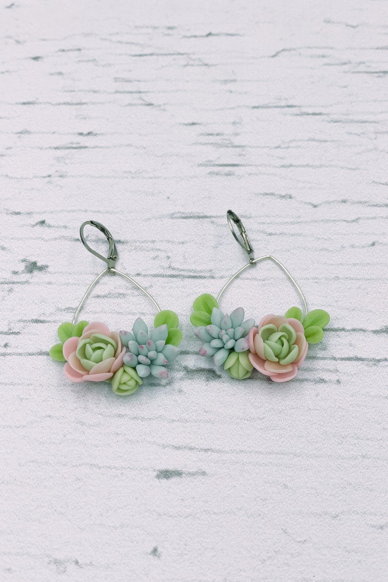 Mint green succulent earrings, flower dangle earrings image 5