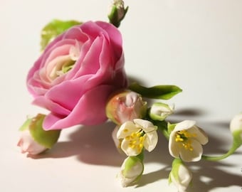 Pink Ranunculus Hair Clip For Women - Wedding Flower Hair Comb, Bridal Floral Barrette, Gift Ideas For Girl