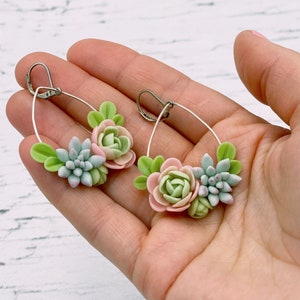 Mint green succulent earrings, flower dangle earrings image 2