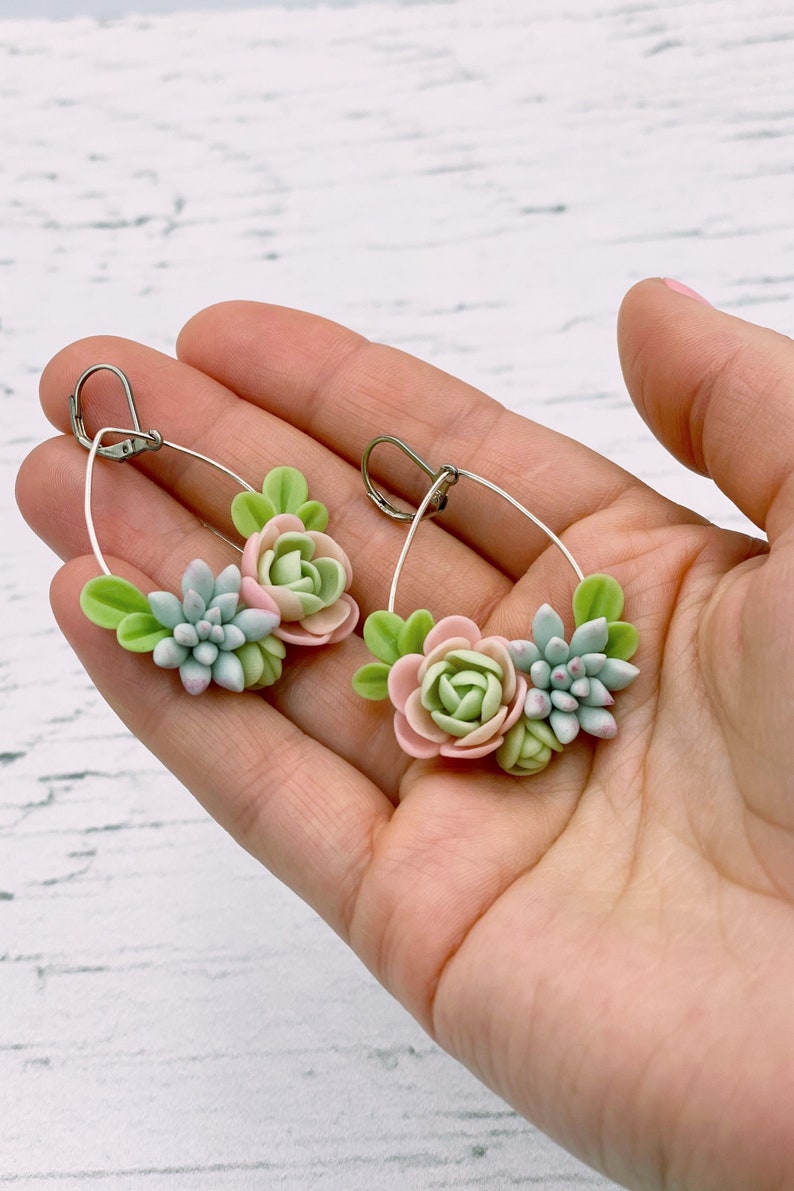 Mint green succulent earrings, flower dangle earrings image 2