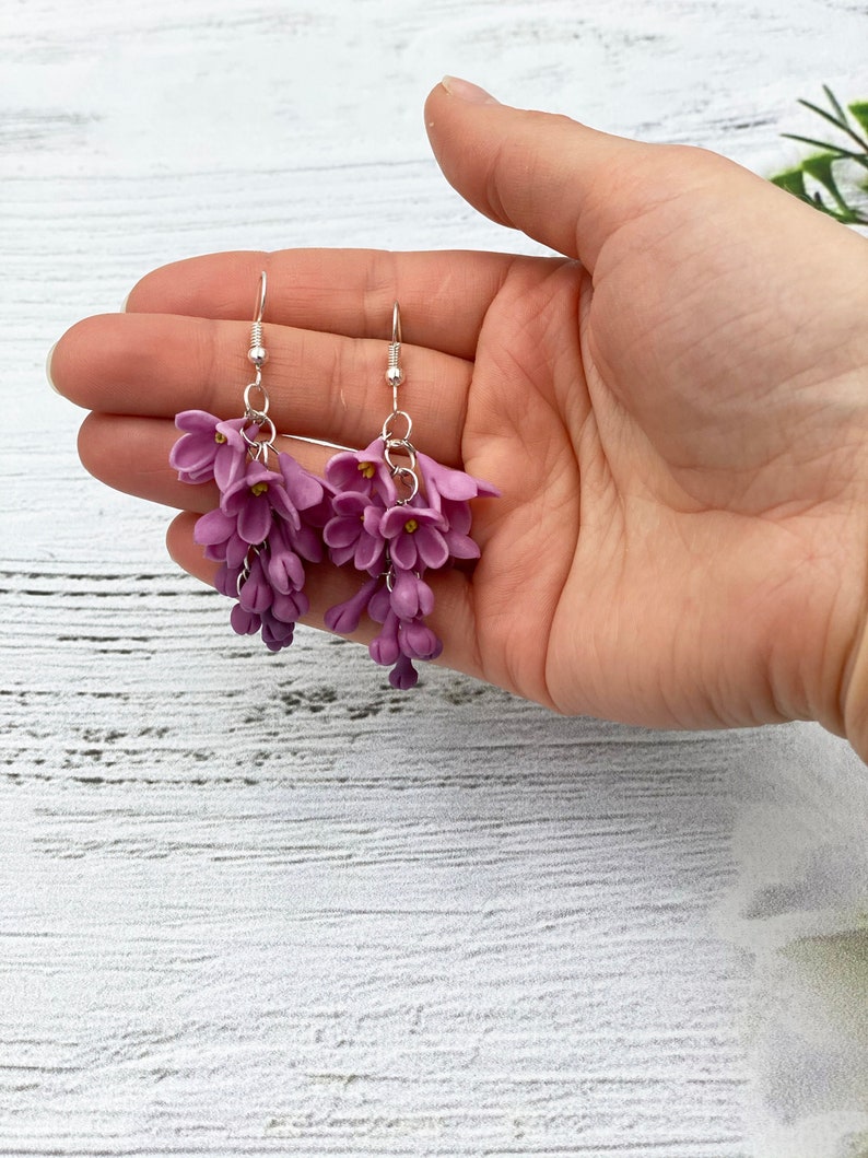Purple Lilac Flower Earrings Floral Drop Earrings Polymer Etsy